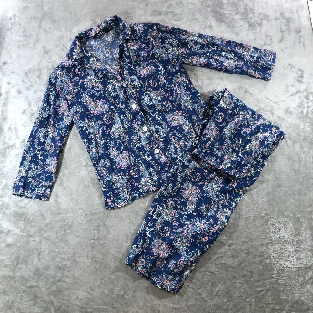 Lauren Ralph Lauren Pajama Set Womens PXS Blue Paisley Floral Print Sleepwear